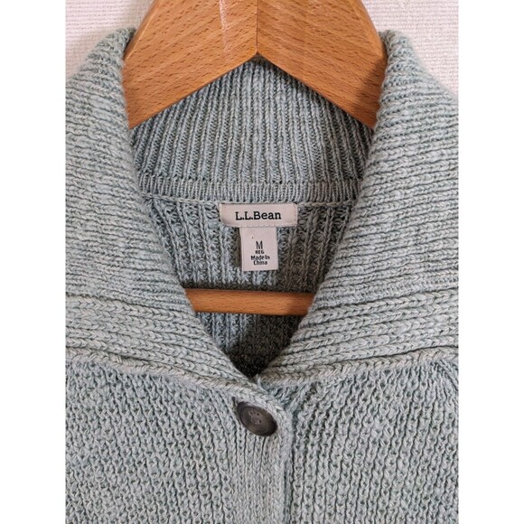 LL Bean Cardigan Sweater Women's Medium Aqua Shawl Collar Chunky Knit Mid Length - Picture 3 of 6